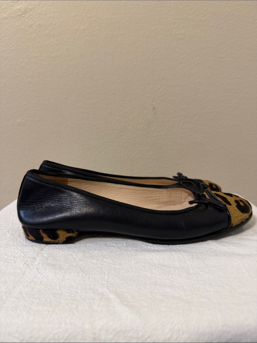 Prada Cavallino Leopard Trim Round Cap Toe Ballerina Flat Sz 37 US 6.5 - Picture 6 of 12